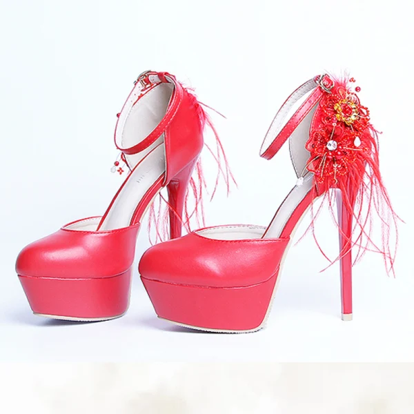 Moda Czerwone Buty Ślubne 2020 Pióro Z Paskiem Perła Rhinestone Cekiny Z Koronki Kwiat 14 cm Szpilki Okrągłe Toe Ślub Wysokie Obcasy