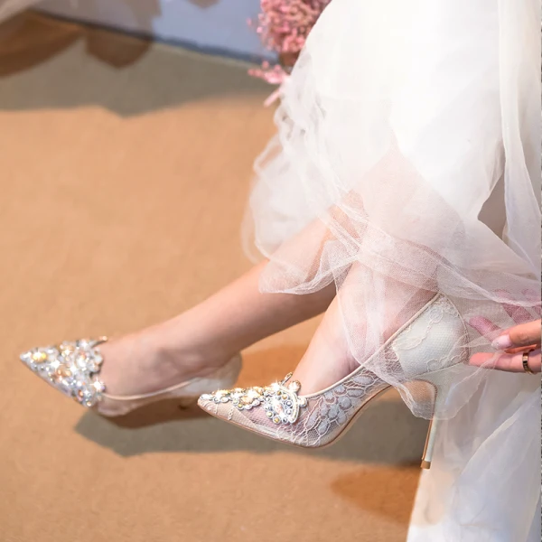 Chic / Beautiful Champagne Wedding Shoes 2020 Tulle Rhinestone 10 cm Stiletto Heels Pointed Toe Wedding Pumps