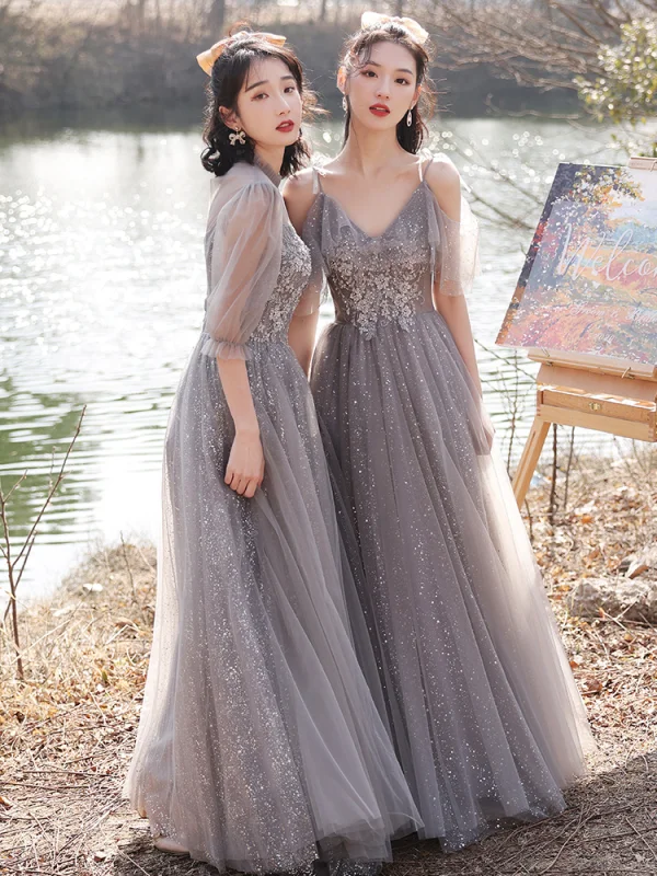 Fashion Grey Bridesmaid Dresses 2021 A-Line / Princess Scoop Neck Beading Rhinestone Sequins Lace Flower Short Sleeve Backless Floor-Length / Long Bridesmaid Wedding Party Dresses