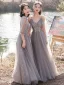 Fashion Grey Bridesmaid Dresses 2021 A-Line / Princess Scoop Neck Beading Rhinestone Sequins Lace Flower Short Sleeve Backless Floor-Length / Long Bridesmaid Wedding Party Dresses