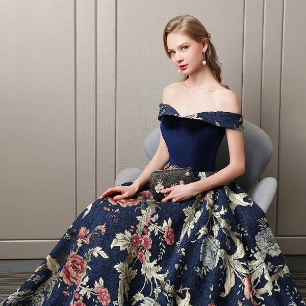 Colored Navy Blue Evening Dresses 2018 A-Line / Princess Suede Printing Off-The-Shoulder Sleeveless Backless Floor-Length / Long Formal Dresses
