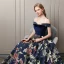 Colored Navy Blue Evening Dresses  2018 A-Line / Princess Suede Printing Off-The-Shoulder Sleeveless Backless Floor-Length / Long Formal Dresses