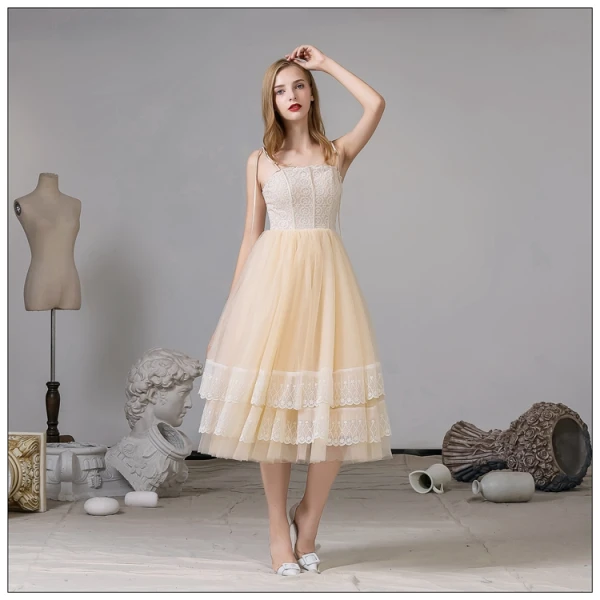 Fashion Champagne Homecoming Graduation Dresses 2020 A-Line / Princess Spaghetti Straps Lace Sleeveless Backless Tea-length Formal Dresses