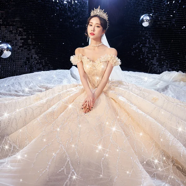 Luxury / Gorgeous Champagne Wedding Dresses 2020 Ball Gown Off-The-Shoulder Glitter Beading Sequins Lace Flower Sleeveless Backless Cathedral Train