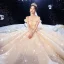 Luxury / Gorgeous Champagne Wedding Dresses 2020 Ball Gown Off-The-Shoulder Glitter Beading Sequins Lace Flower Sleeveless Backless Cathedral Train