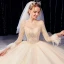 Luxury / Gorgeous Champagne Wedding Dresses 2020 Ball Gown Scoop Neck Beading Crystal Glitter Sequins Long Sleeve Backless Royal Train