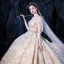 Luxe Champagne Robe De Mariée 2020 Princesse Encolure Dégagée Fait main Perlage Perle Paillettes En Dentelle Fleur Manches Courtes Dos Nu Royal Train