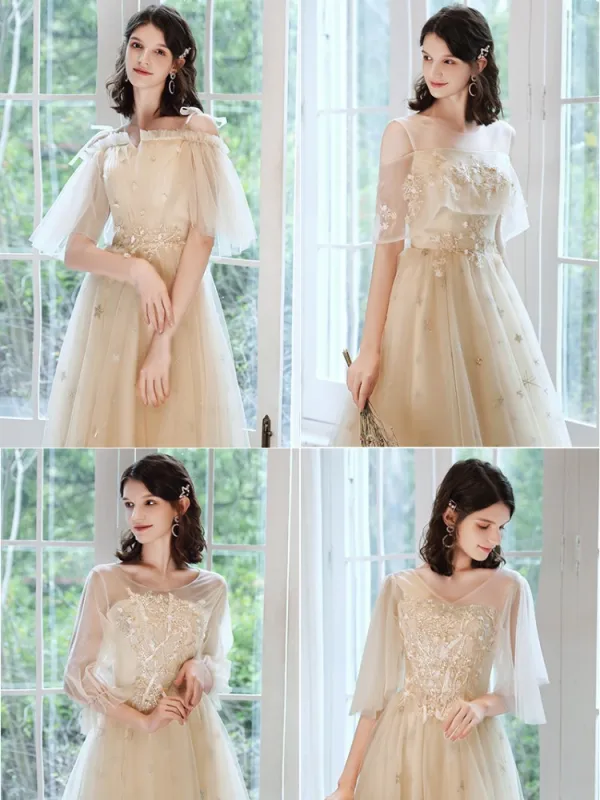 Chic / Beautiful Champagne Bridesmaid Dresses 2021 A-Line / Princess Scoop Neck Lace Flower Appliques Rhinestone Short Sleeve Backless Tea-length Wedding Party Dresses