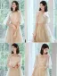 Chic / Beautiful Champagne Bridesmaid Dresses 2021 A-Line / Princess Scoop Neck Lace Flower Appliques Rhinestone Short Sleeve Backless Tea-length Wedding Party Dresses