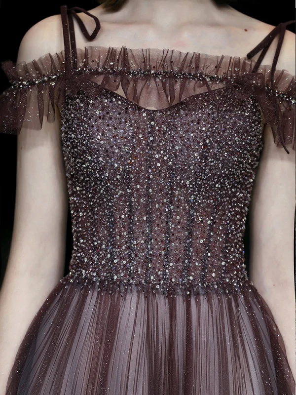 Charmant Glanz Violett Abendkleider 2020 A Linie Spaghettiträger Perlenstickerei Strass Pailletten Ärmellos Rückenfreies Sweep / Pinsel Zug Festliche Kleider
