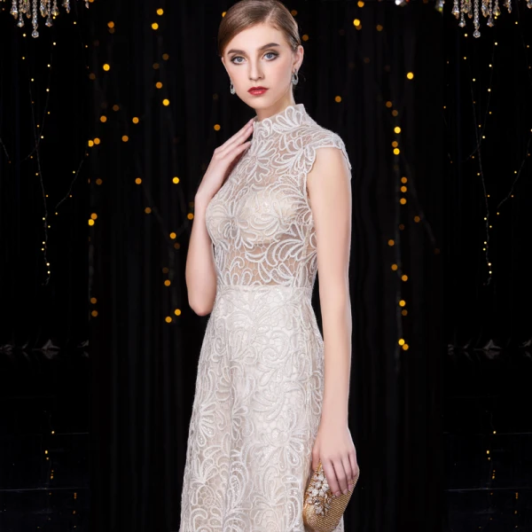 Sparkly Champagne Evening Dresses  2020 A-Line / Princess High Neck Sequins Lace Flower Sleeveless Floor-Length / Long Formal Dresses