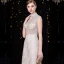 Sparkly Champagne Evening Dresses  2020 A-Line / Princess High Neck Sequins Lace Flower Sleeveless Floor-Length / Long Formal Dresses