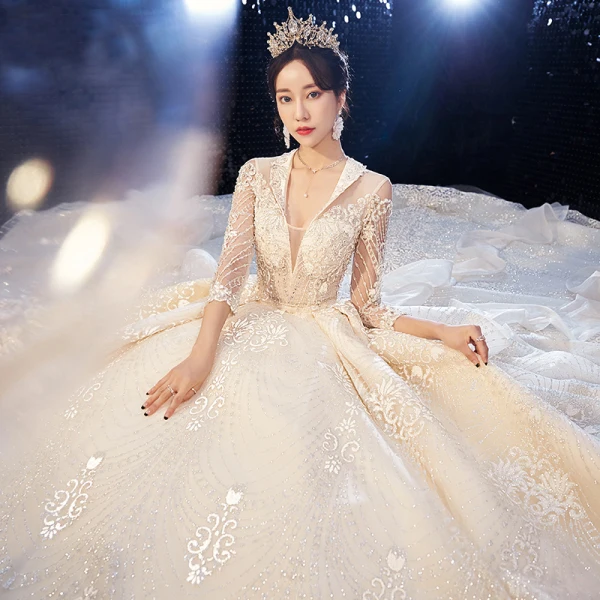High-end Champagne Wedding Dresses 2020 Ball Gown V-Neck Handmade Beading Glitter Rhinestone Lace Flower 3/4 Sleeve Backless Royal Train