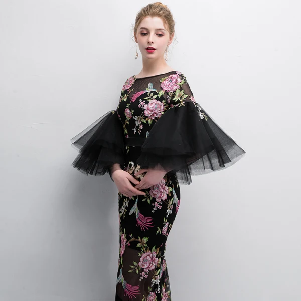 Chic / Beautiful Black Evening Dresses 2018 Trumpet / Mermaid Printing Scoop Neck 3/4 Sleeve Floor-Length / Long Formal Dresses
