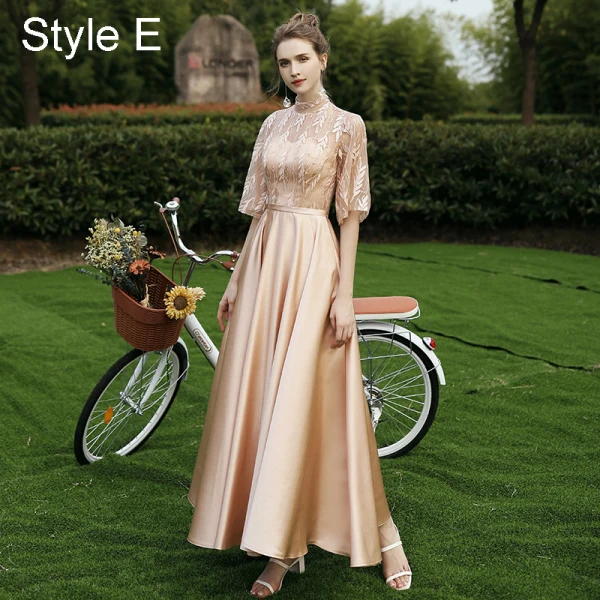 Modest / Simple Champagne Satin Embroidered Bridesmaid Dresses 2021 A-Line / Princess Scoop Neck 1/2 Sleeves Backless Floor-Length / Long Wedding Party Dresses