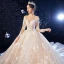 Luxe Champagne Robe De Mariée 2020 Robe Boule Encolure Dégagée Perlage Paillettes En Dentelle Fleur 3/4 Manches Dos Nu Royal Train