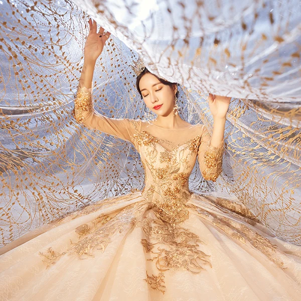 Luxury / Gorgeous Champagne Wedding Dresses 2020 Ball Gown Scoop Neck Beading Crystal Sequins Lace Flower Long Sleeve Backless Royal Train