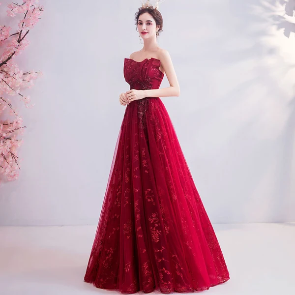 Chic / Beautiful Red Evening Dresses 2020 A-Line / Princess Strapless Beading Sequins Lace Rhinestone Sleeveless Backless Floor-Length / Long Formal Dresses