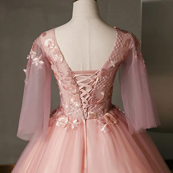 Flower Fairy Pearl Pink Prom Dresses 2020 Ball Gown V-Neck Pearl Sequins Lace Flower Appliques 3/4 Sleeve Backless Floor-Length / Long Formal Dresses