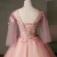 Flower Fairy Pearl Pink Prom Dresses 2020 Ball Gown V-Neck Pearl Sequins Lace Flower Appliques 3/4 Sleeve Backless Floor-Length / Long Formal Dresses