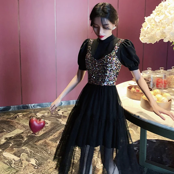 Fashion Black Party Dresses 2020 A-Line / Princess High Neck Sequins Short Sleeve Tea-length Formal Dresses