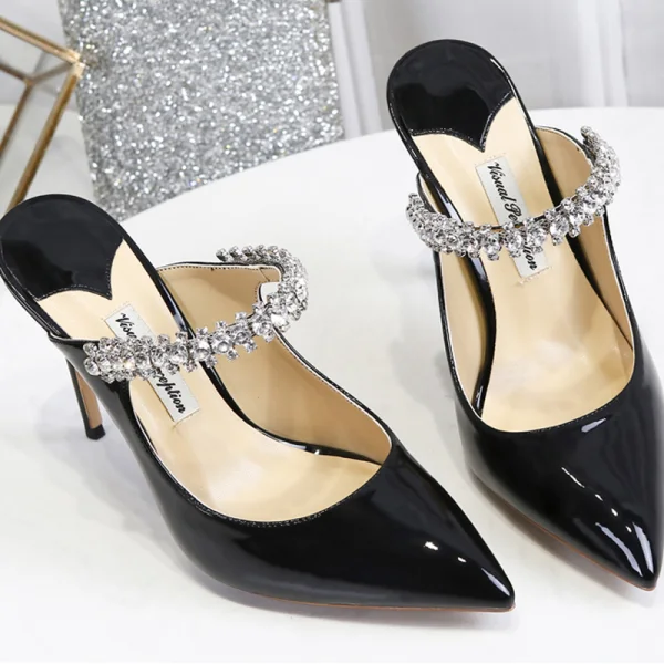 Modest / Simple Ivory Casual Womens Sandals 2020 Leather Rhinestone Buckle 10 cm Stiletto Heels Pointed Toe Sandals