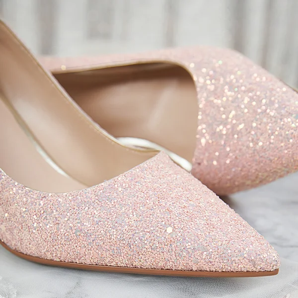 Glitter Candy Roze Glans Bruidsschoenen 2020 Pailletten 7 cm Dikke Hak Spitse Neus Huwelijk Pumps