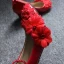Chic / Beautiful Red Low Heel Wedding Shoes 2020 Lace Flower Appliques Pearl 4 cm Stiletto Heels Pointed Toe Wedding Pumps
