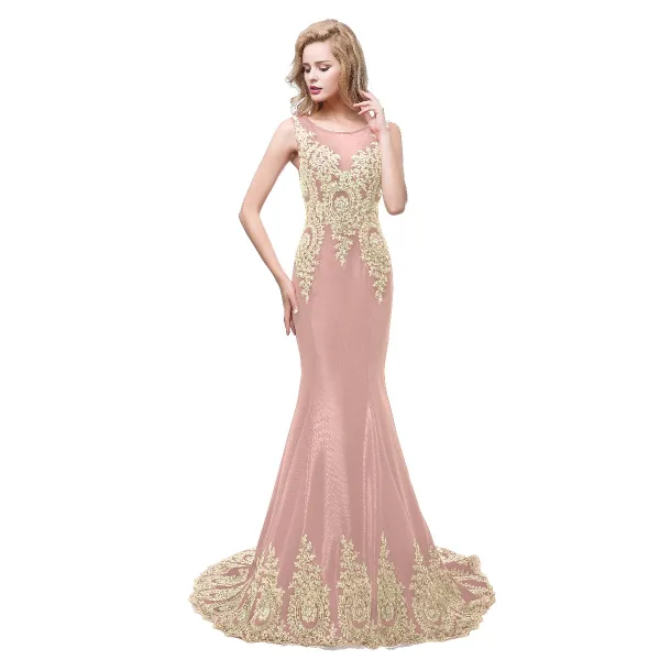 Chic / Beautiful Red Evening Dresses 2018 Trumpet / Mermaid Scoop Neck Sleeveless Gold Appliques Lace Rhinestone Sweep Train Ruffle Formal Dresses