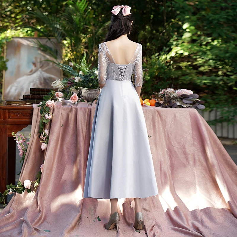 open lace back dress Simple Grey Rustic Wedding Dresses Lace Appliqued Chiffon Wedding Dres –  Viniodress main image 1