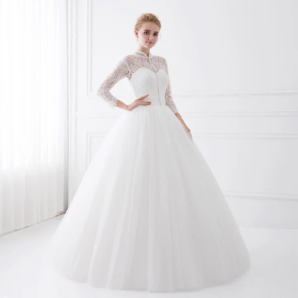 Chic / Beautiful White Wedding Dresses 2018 Ball Gown Lace High Neck 3/4 Sleeve Floor-Length / Long Wedding