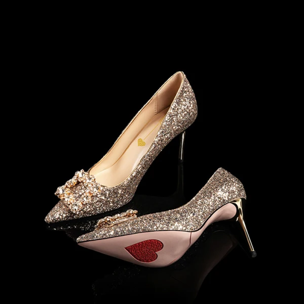 Glittrande Guld Glittriga / Glitter Brudskor 2020 Läder Rhinestone Paljetter 8 cm Stilettklackar Spetsiga Bröllop Pumps