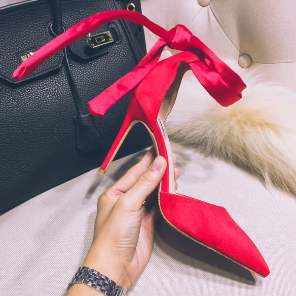 Chic / Beautiful Blushing Pink Evening Party Womens Shoes 2020 Bow Suede 10 cm Stiletto Heels Pointed Toe High Heels