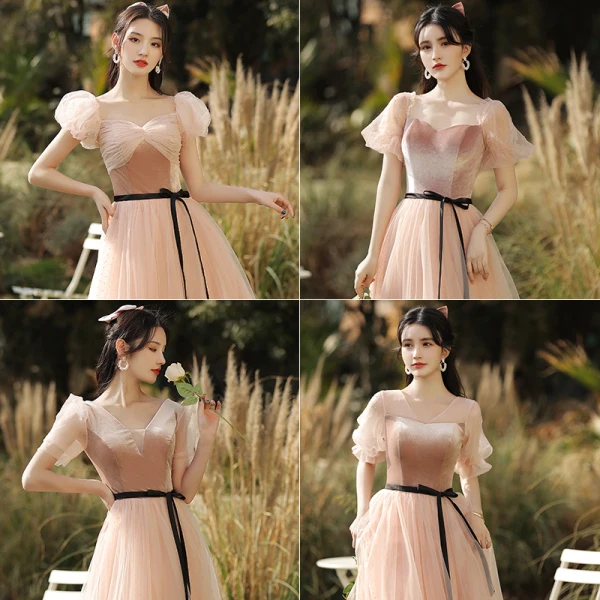 Elegant Pearl Pink Suede Bridesmaid Dresses 2021 A-Line / Princess V-Neck Short Sleeve Backless Floor-Length / Long Wedding Party Dresses