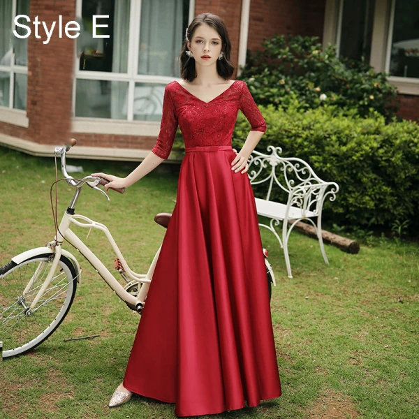 Modest / Simple Red Satin Bridesmaid Dresses 2021 A-Line / Princess Scoop Neck Bow Lace Flower 1/2 Sleeves Backless Floor-Length / Long Wedding Party Dresses