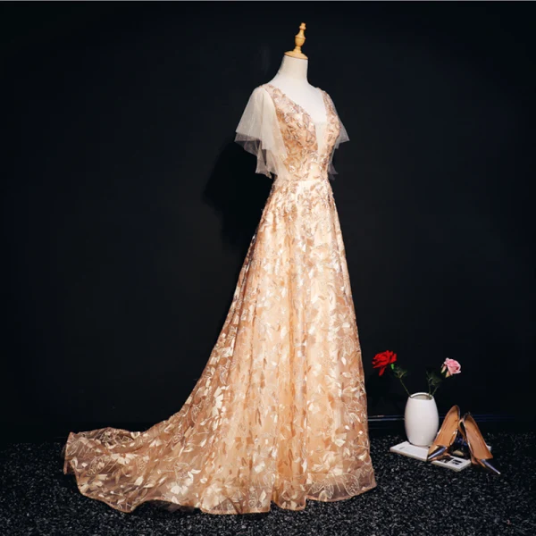 Luxury / Gorgeous Gold Evening Dresses 2018 A-Line / Princess Lace Beading Crystal Pearl V-Neck Backless Short Sleeve Sweep Train Formal Dresses