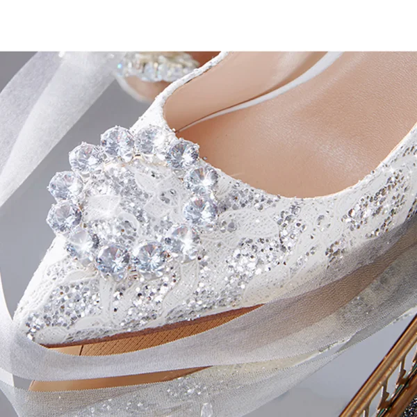 Charming Ivory Wedding Shoes 2020 Lace Rhinestone Sequins 7 cm Stiletto Heels Pointed Toe Wedding Pumps