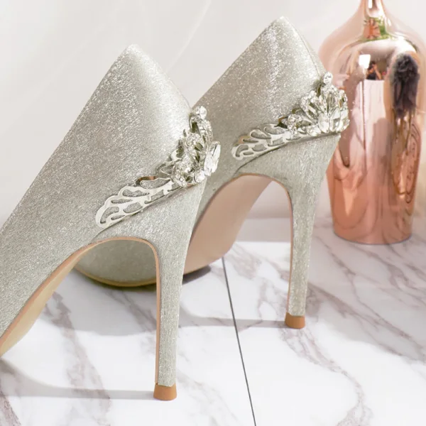Charming Silver Glitter Wedding Shoes 2020 Rhinestone 10 cm Stiletto Heels Pointed Toe Wedding Pumps