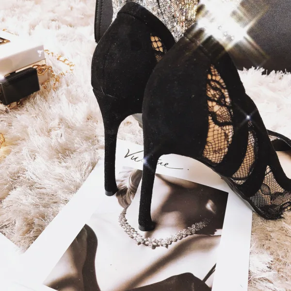 Sexy Black Evening Party Pierced Pumps 2020 Lace 10 cm Stiletto Heels Pointed Toe Pumps