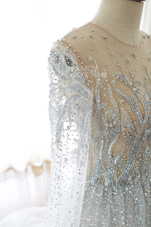 Luxury / Gorgeous Grey Handmade  Beading Wedding Dresses 2020 A-Line / Princess Scoop Neck Rhinestone Sequins Long Sleeve Court Train