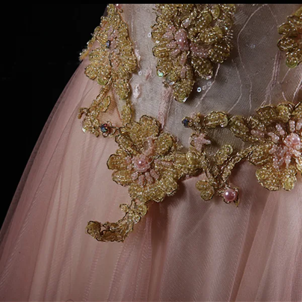 Chic / Beautiful Blushing Pink Evening Dresses 2018 A-Line / Princess Handmade Beading Pearl Sequins Lace Scoop Neck Sleeveless Floor-Length / Long Formal Dresses