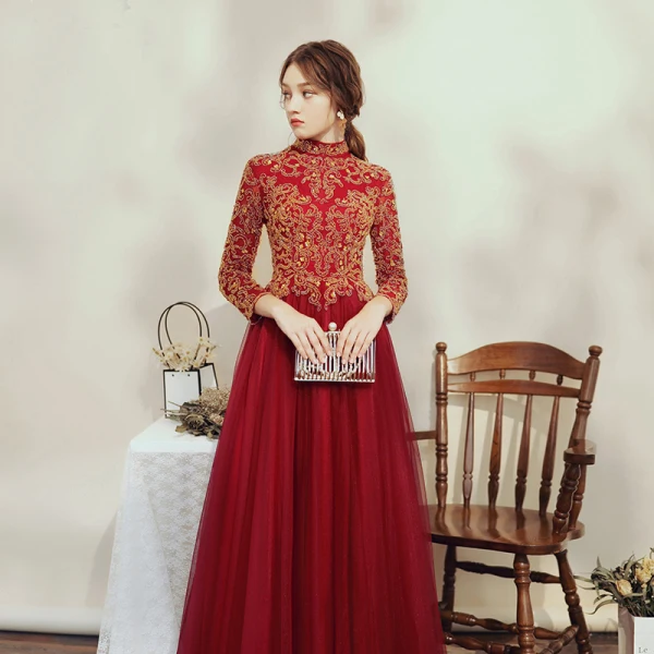 Elegant Burgundy Prom Dresses 2020 A-Line / Princess High Neck Beading Rhinestone Sequins 3/4 Sleeve Backless Floor-Length / Long Formal Dresses