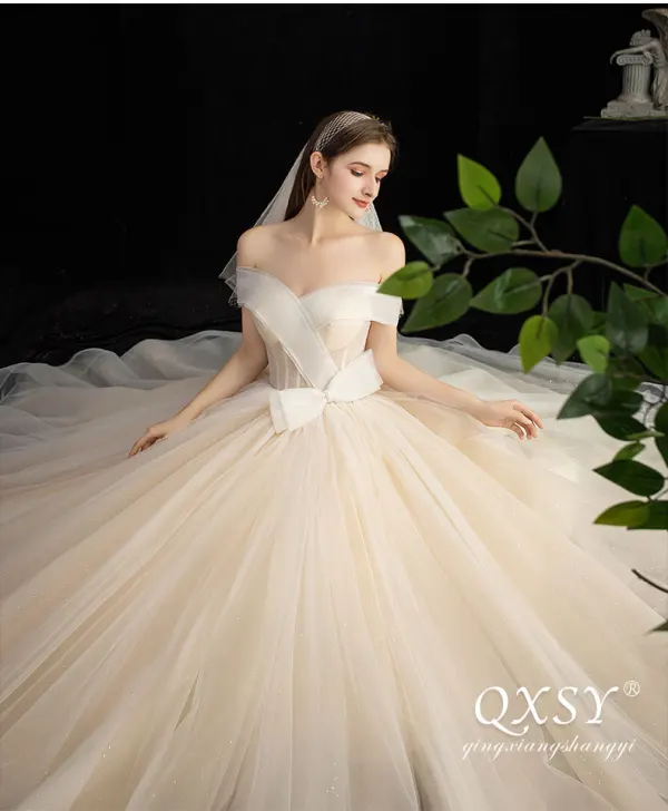 Fashion Champagne Glitter Wedding Dresses 2020 Ball Gown Off-The-Shoulder Bow Short Sleeve Backless Floor-Length / Long