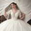 Elegant Ivory Wedding Dresses 2020 Ball Gown Deep V-Neck Pearl Lace Flower Appliques Short Sleeve Backless Cathedral Train