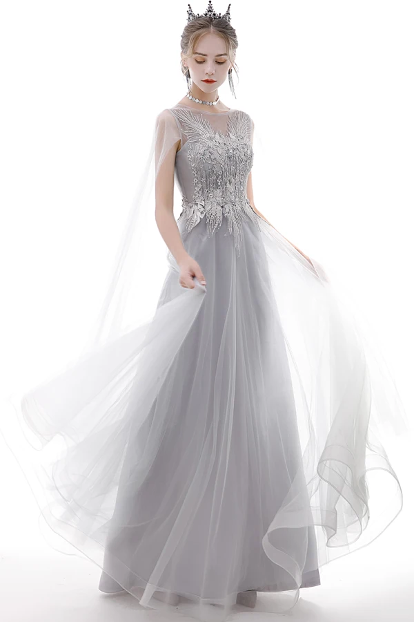 Classy Grey Prom Dresses 2020 A-Line / Princess Scoop Neck Pearl Rhinestone Sequins Lace Flower Short Sleeve Backless Floor-Length / Long Formal Dresses