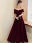 Chic / Beautiful Burgundy Suede Evening Dresses  2021 A-Line / Princess Off-The-Shoulder Short Sleeve Backless Ankle Length Evening Party Formal Dresses