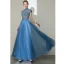 Elegant Pool Blue Prom Dresses 2020 A-Line / Princess High Neck Beading Rhinestone Short Sleeve Backless Floor-Length / Long Formal Dresses