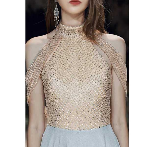 High End Charmant Silber Glanz Abendkleider 2020 A Linie Stehkragen Perlenstickerei Pailletten Ärmellos Rückenfreies Sweep / Pinsel Zug Festliche Kleider