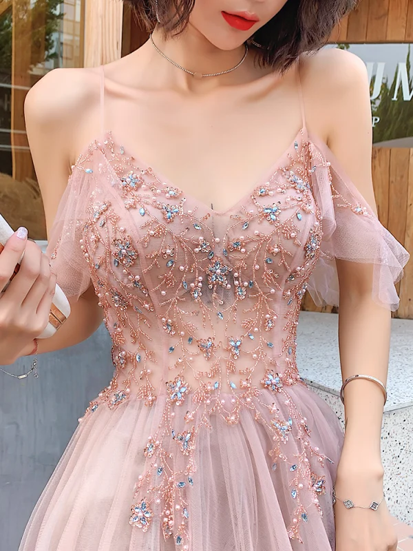 Sexy Rosa Abendkleider 2020 A Linie Spaghettiträger Perlenstickerei Perle Strass Pailletten Ärmellos Rückenfreies Gespaltete Front Lange Festliche Kleider