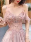 Sexy Rosa Abendkleider 2020 A Linie Spaghettiträger Perlenstickerei Perle Strass Pailletten Ärmellos Rückenfreies Gespaltete Front Lange Festliche Kleider